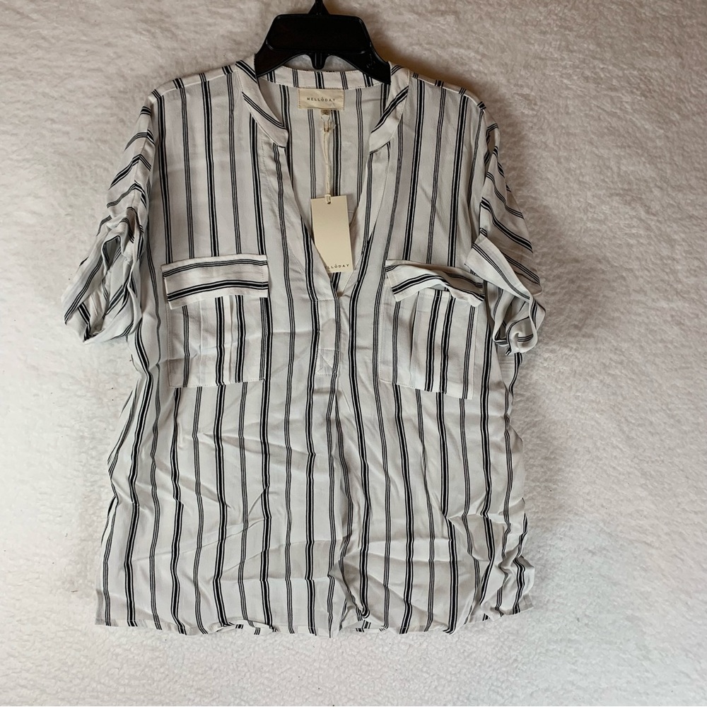 Melloday Womens Top White Black Stripe Button Down Pocket XS 5729